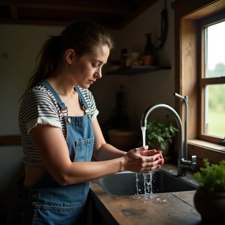 Fazendeira lavando as mãos após lidar com galinhas.