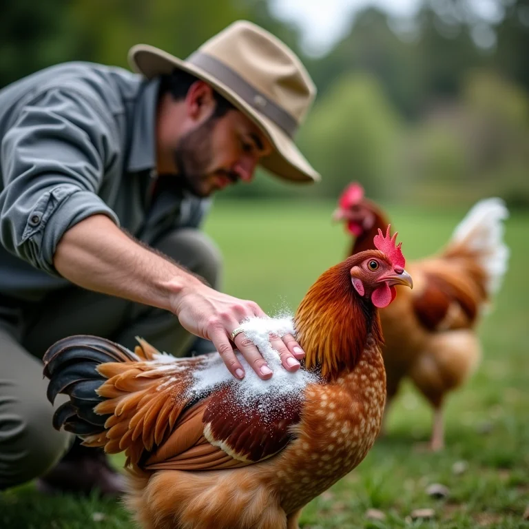 Fazendeiro aplicando terra diatomácea nas penas de uma galinha para tratar piolhos.
