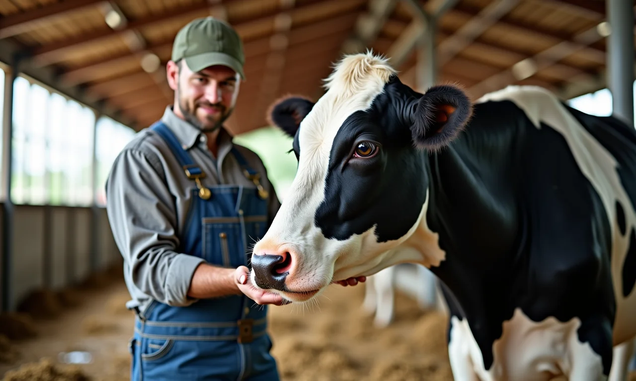 Fazendeiro cuidando da saúde de vaca holandesa.