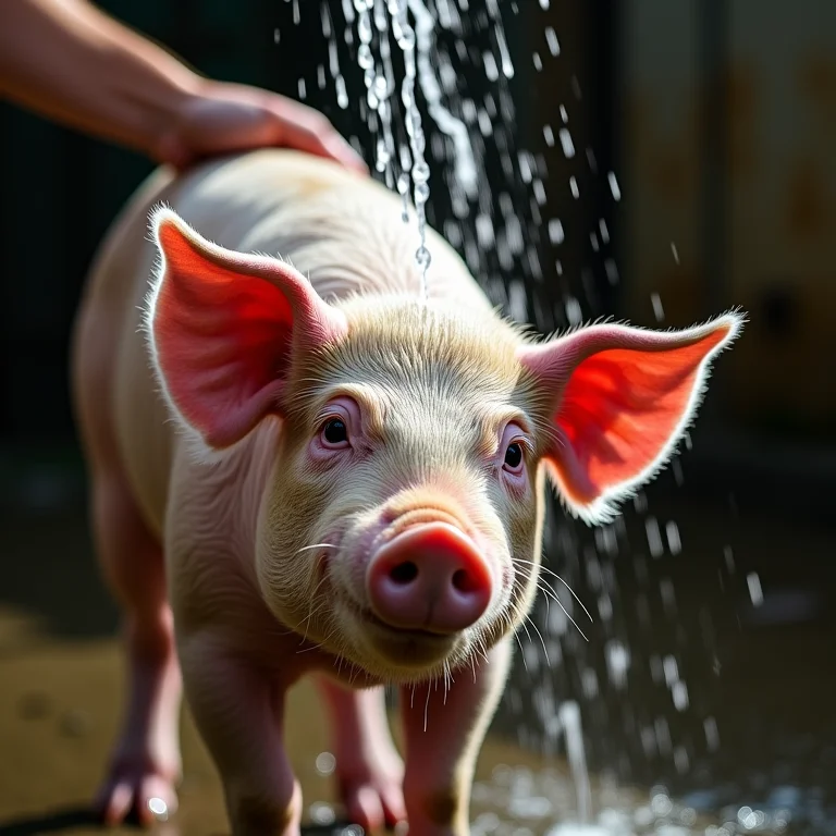 Fazendeiro dando banho em mini porco vietnamita