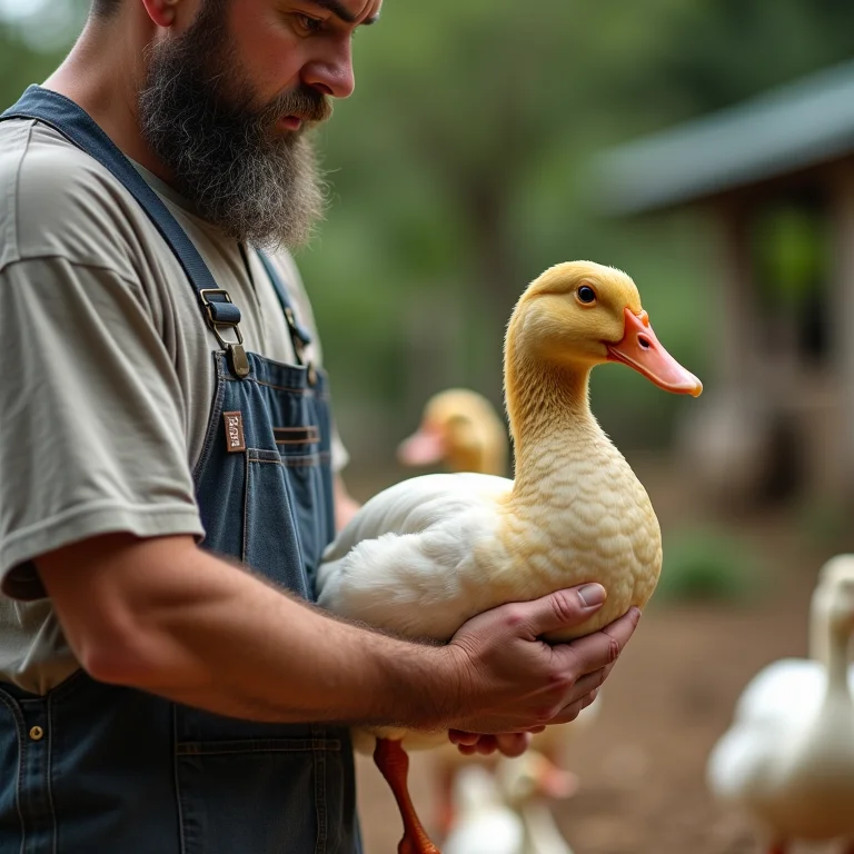 Fazendeiro examinando diferentes raças de patos