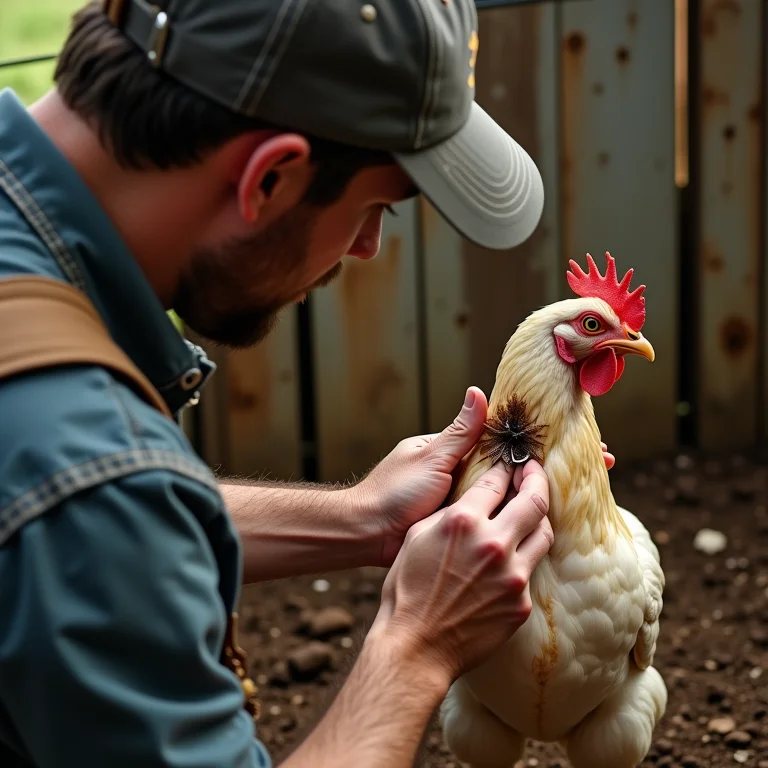 Fazendeiro examinando galinha para detectar piolhos