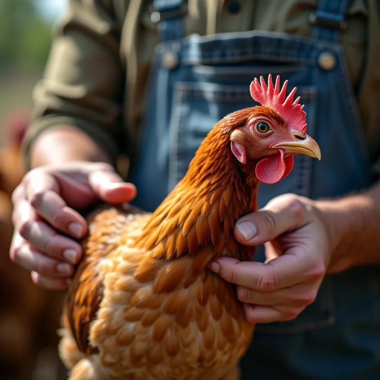 Fazendeiro examinando galinha para sinais de infestação de piolhos.