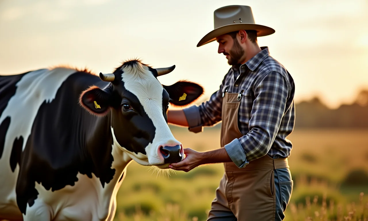 Fazendeiro manejando vaca holandesa com cuidado.