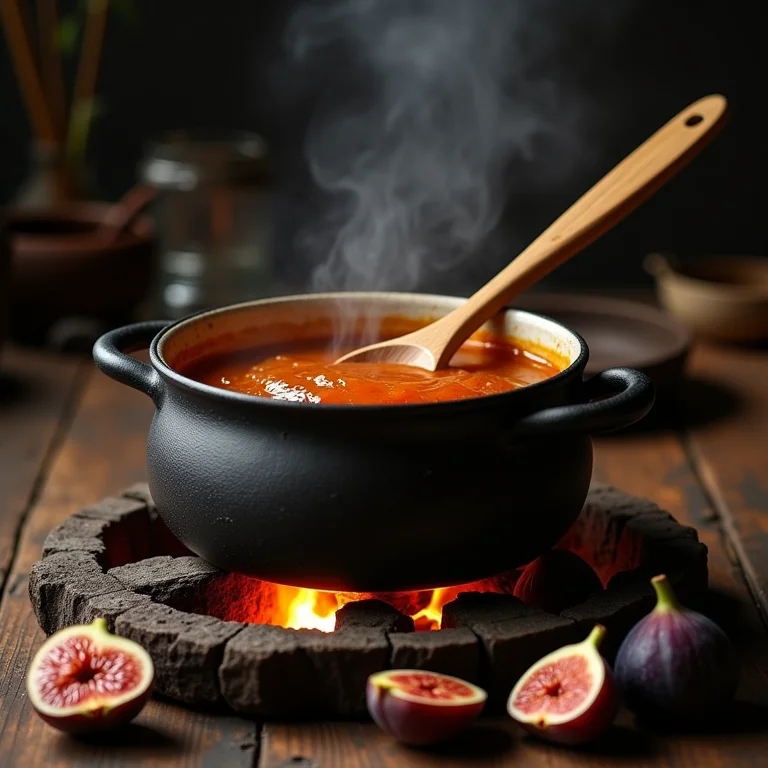 Fazendo doce de figo caseiro em um fogão a lenha