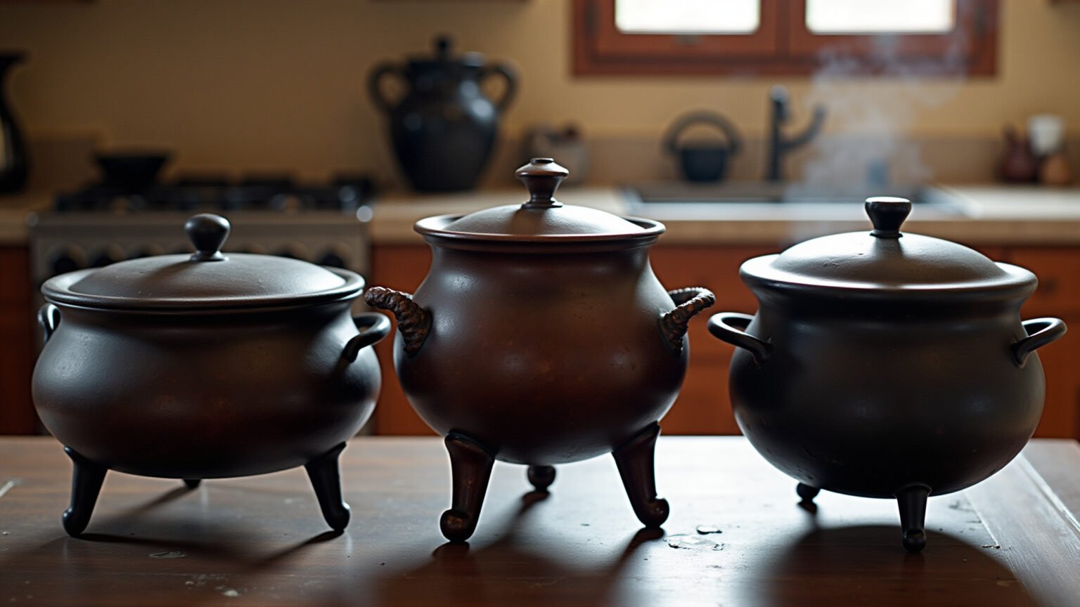 Três tipos de panelas antigas: tripé, alteza e caldeirão de bruxa.