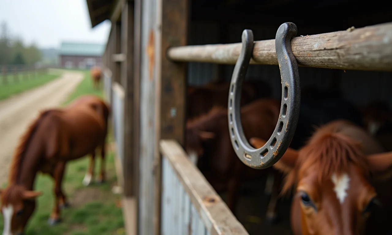 Ferradura pendurada na porta de um celeiro, protegendo o campo.