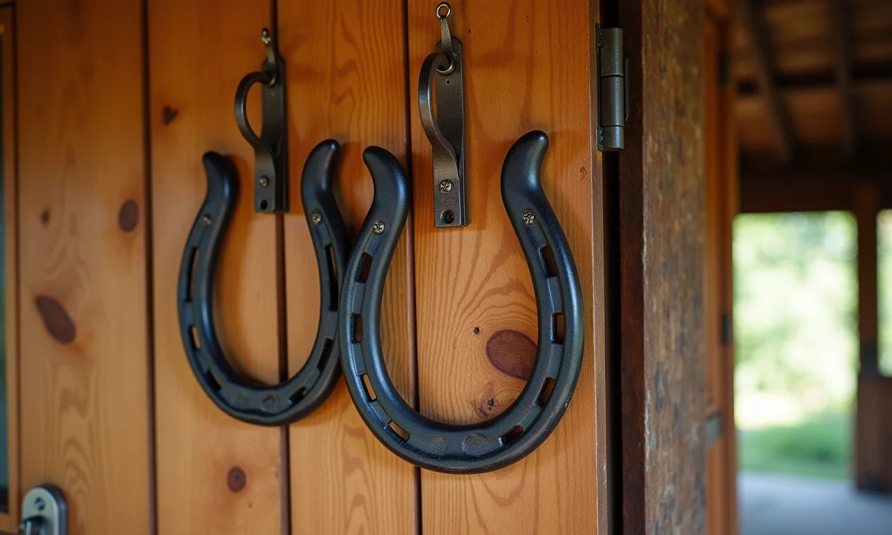 Ferradura pendurada para cima e para baixo em parede de madeira.