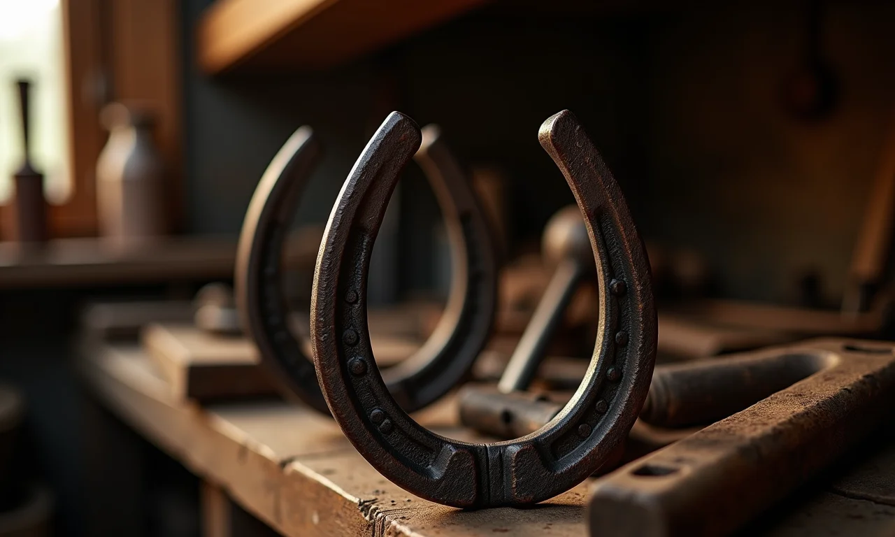 Ferraduras autênticas em loja rústica, com ferramentas tradicionais.