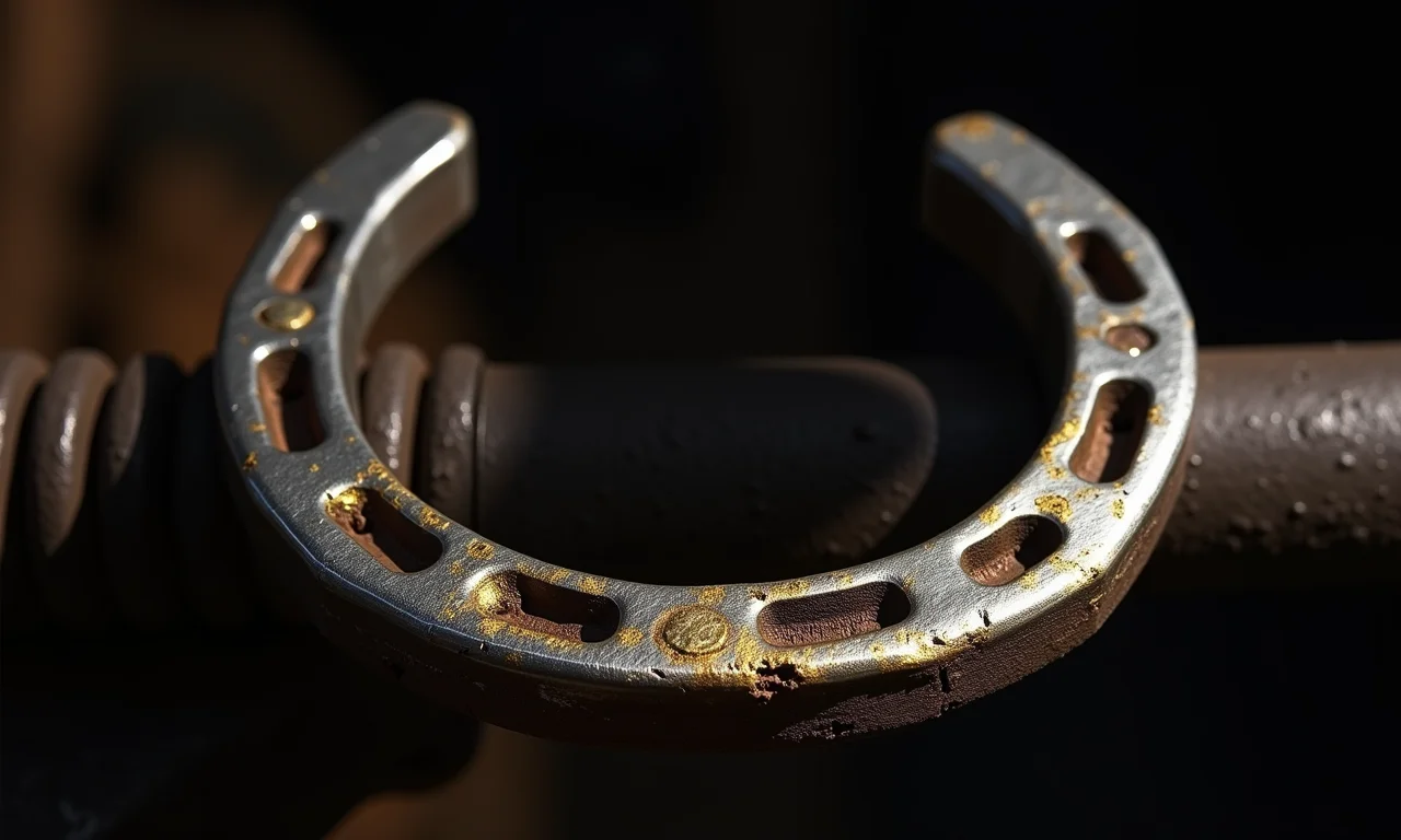 Ferraduras de ferro, prata e ouro em oficina de ferreiro.