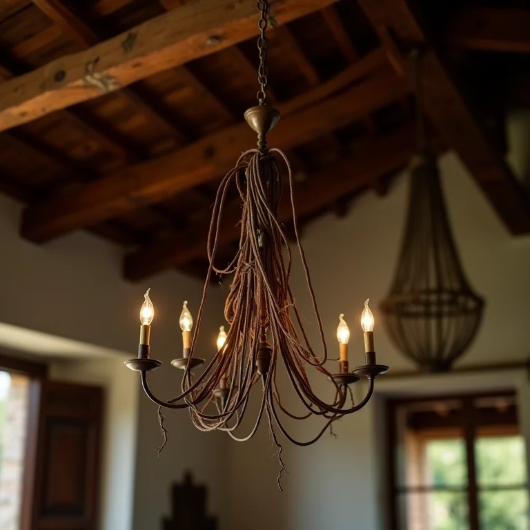 Fiação exposta e perigosa em lustre rústico.