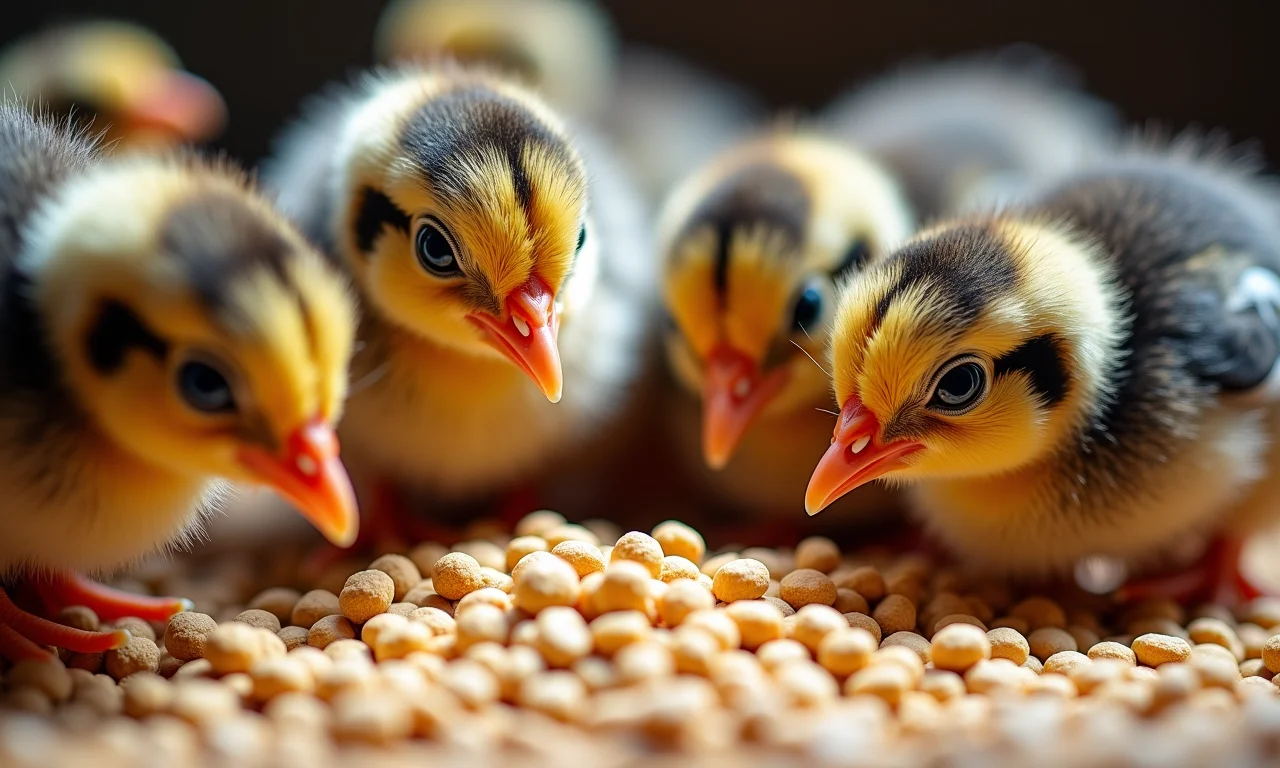 Filhotes de codorna se alimentando com ração inicial.