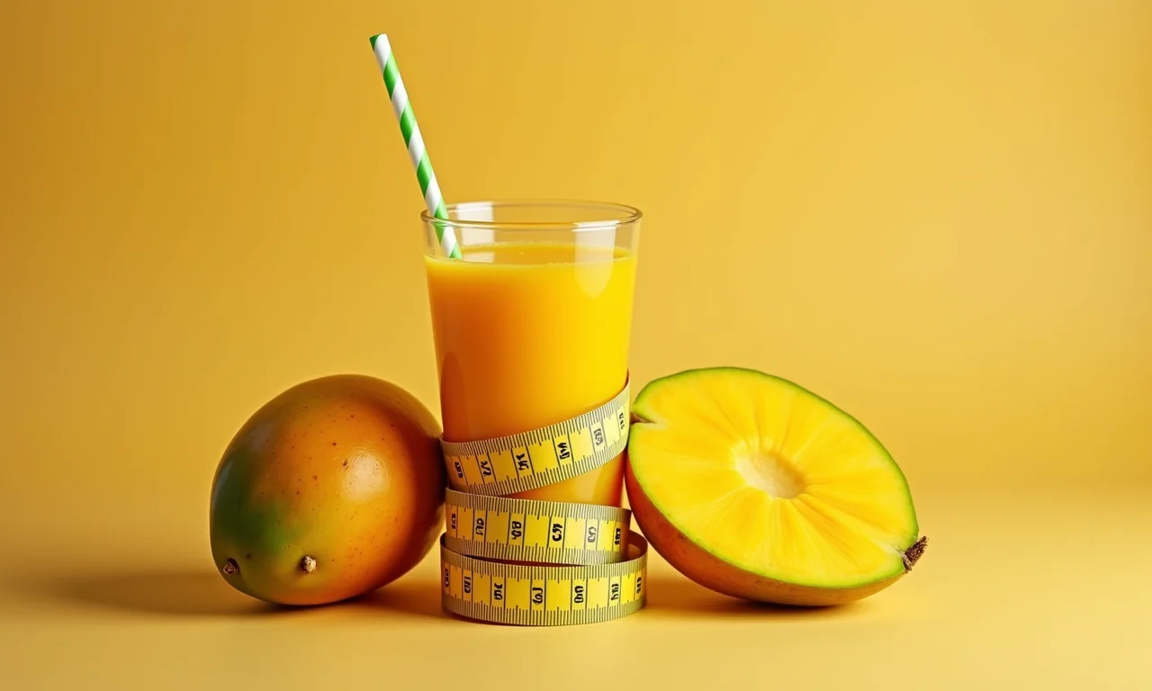 Fita métrica em volta de um copo de suco de manga.