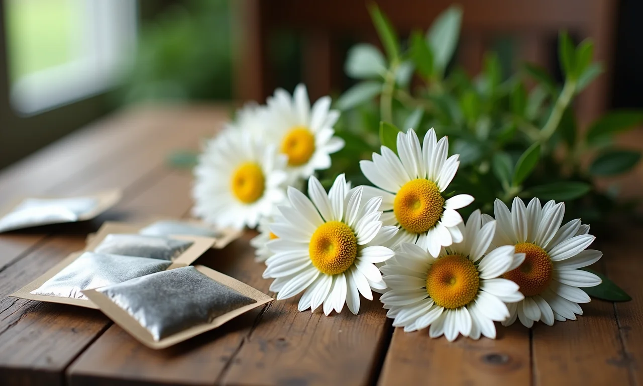 Flores de camomila e sachês de chá em mesa de madeira.
