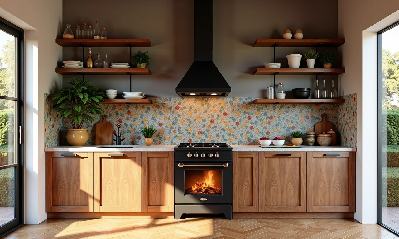 Fogão a lenha com design personalizado em cozinha brasileira.