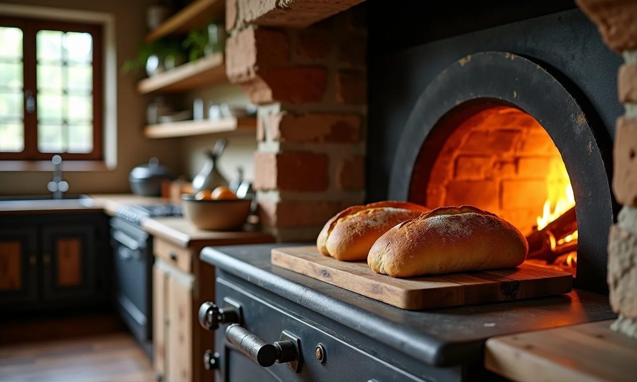 Fogão a lenha com forno embutido assando pão.