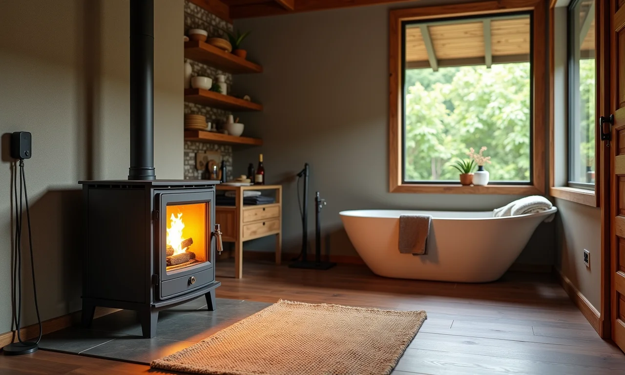 Fogão a lenha com serpentina aquecendo água.