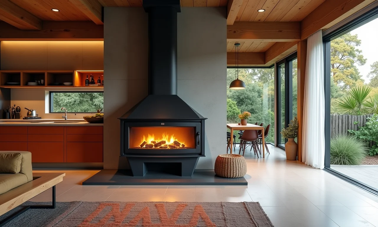 Fogão a lenha integrado ao design de uma cozinha moderna.