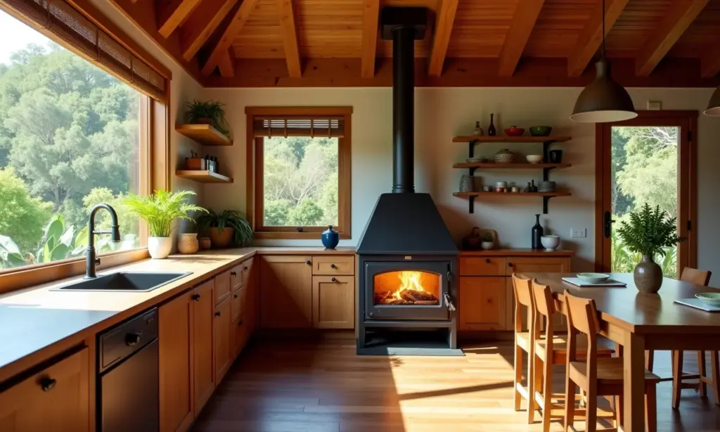 Fogão a lenha moderno em cozinha brasileira vibrante.