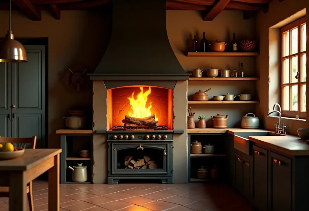 Fogão a lenha rústico em cozinha de fazenda brasileira