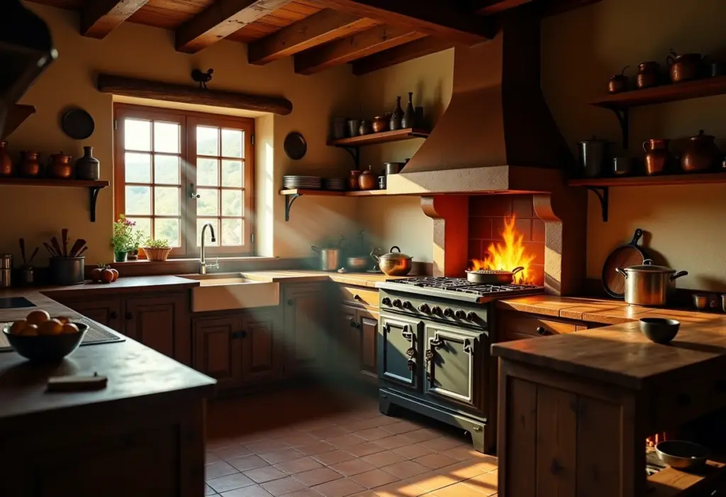 Fogão a lenha rústico em cozinha de fazenda brasileira