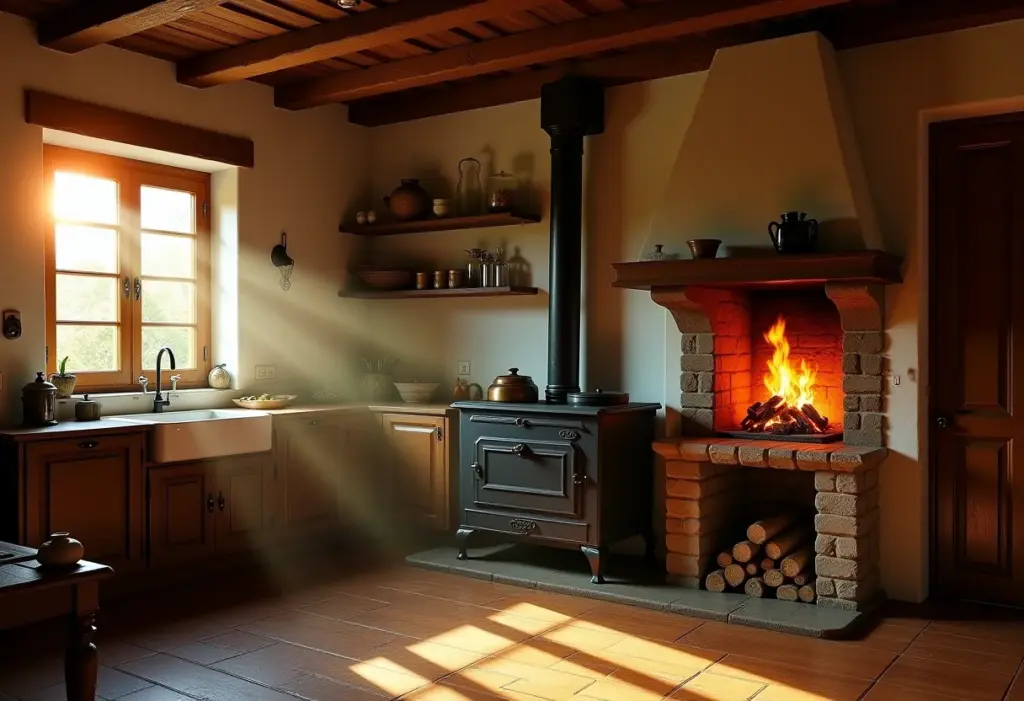 Fogão a lenha rústico em uma cozinha de fazenda brasileira