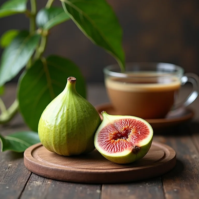 Folhas de figo e figo fresco com xícara de chá ao fundo.