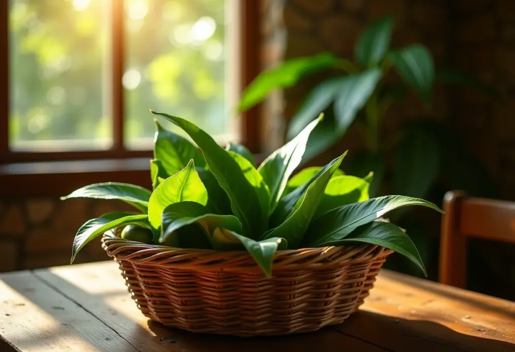 Folhas de guaco frescas em cesta rústica