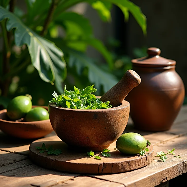 Folhas de guaco sendo preparadas em pilão rústico