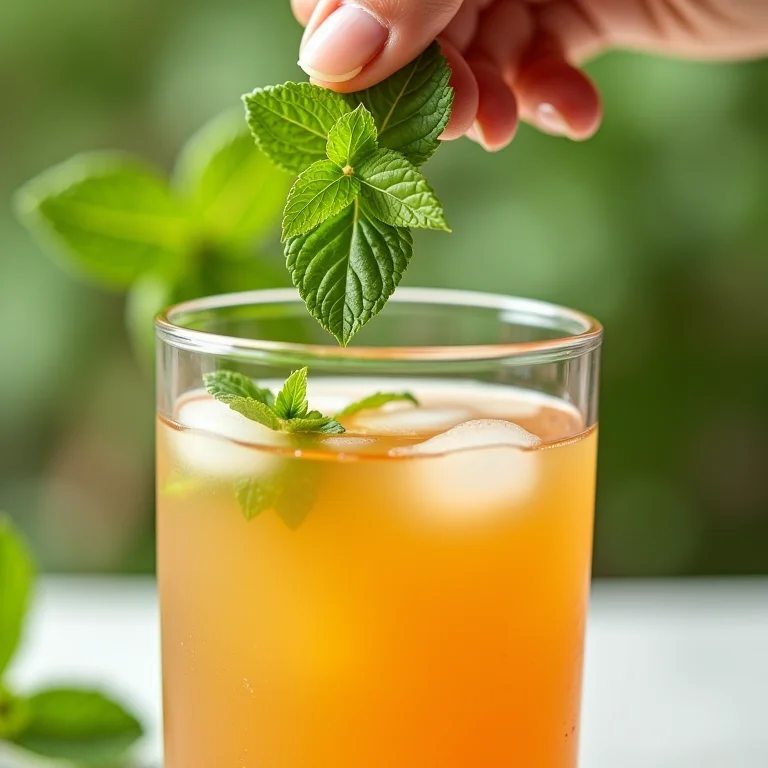 Folhas de hortelã sendo adicionadas ao chá de goiaba, close-up.