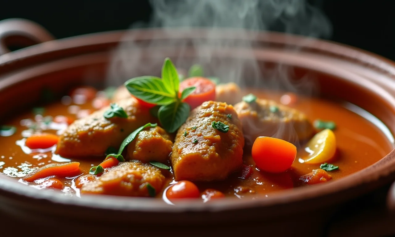 Frango caipira com quiabo fumegante em panela de barro, um prato autêntico da culinária brasileira.