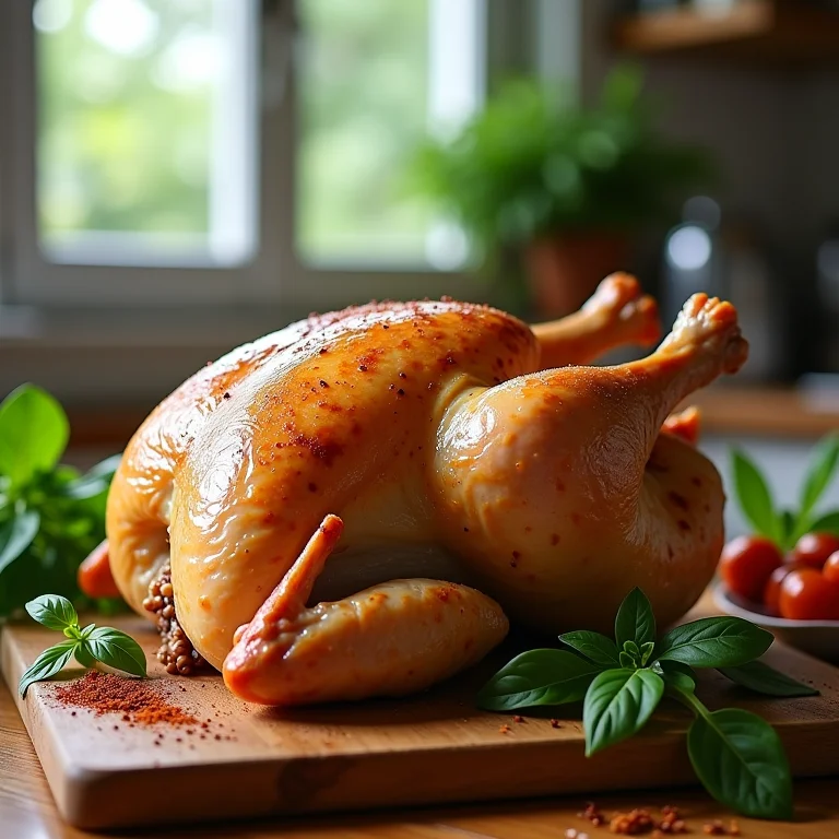 Frango caipira inteiro, pronto para ser preparado com pequi.
