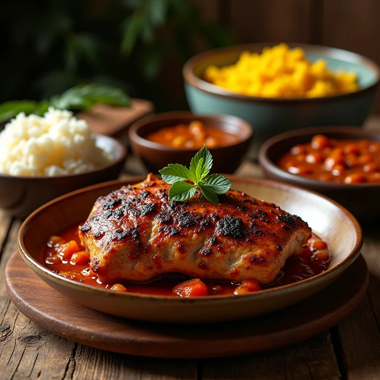 Frango com pequi acompanhado de arroz, feijão e farofa.