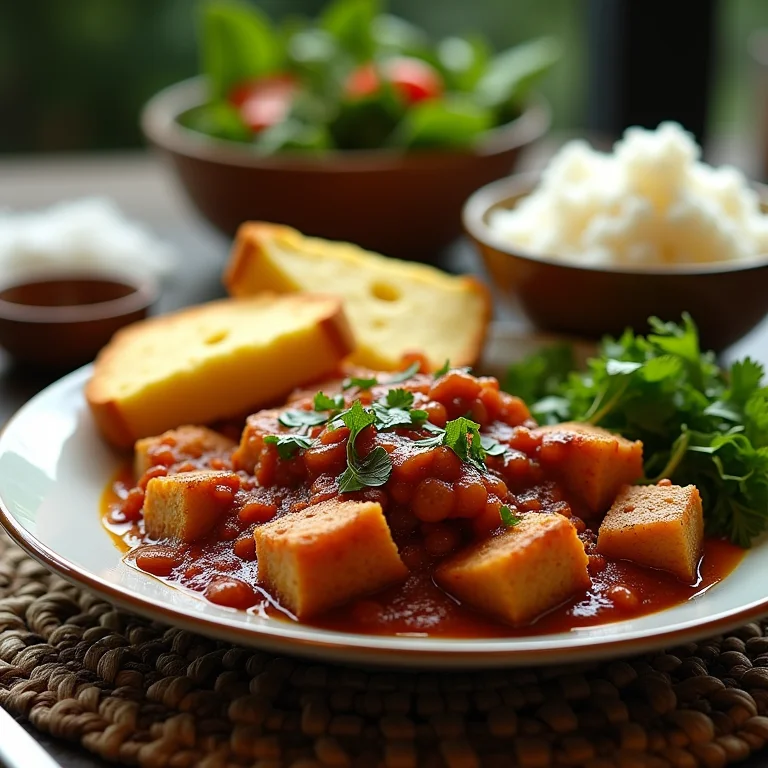 Frango com pequi acompanhado de arroz, pão de milho e salada.