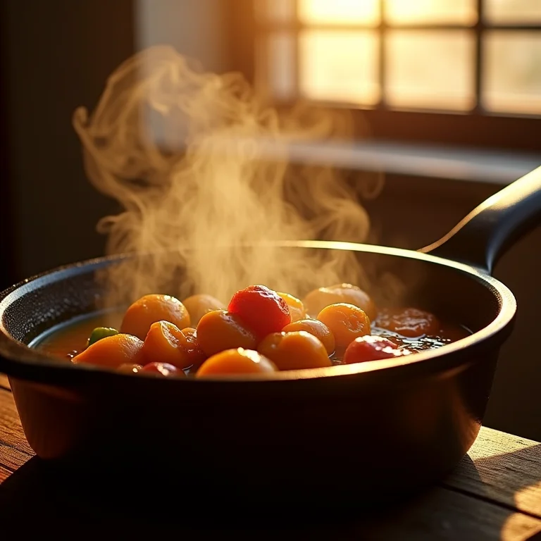 Frango com pequi cozinhando lentamente em panela de ferro.
