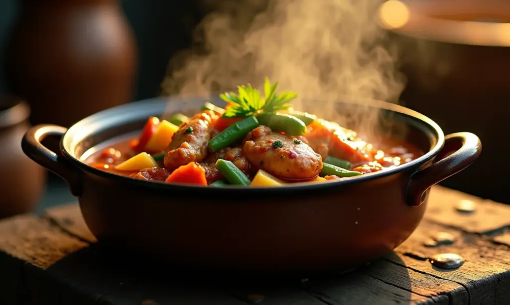 Frango com quiabo caseiro cozinhando em fogão a lenha.