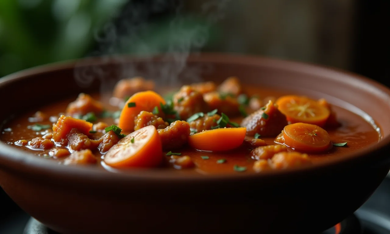 Frango com Quiabo cozinhando lentamente em panela de barro.