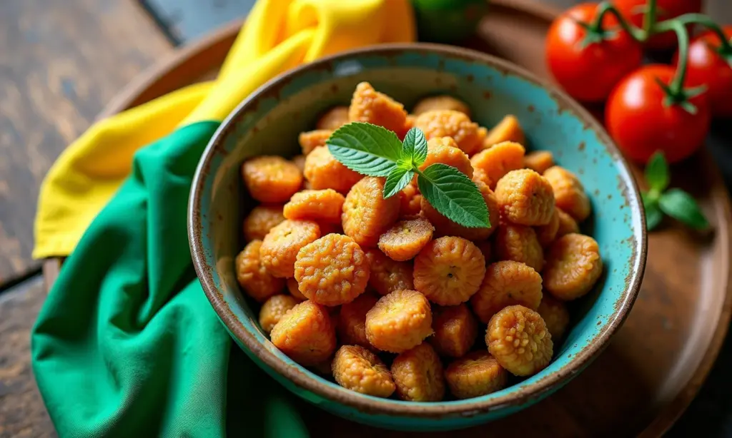 Frango com Quiabo fumegante em mesa rústica com a bandeira do Brasil ao fundo.