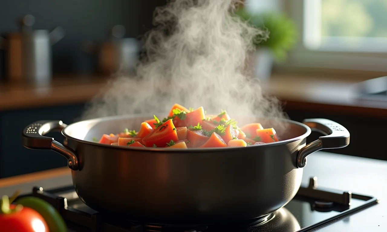 Frango com Quiabo sendo cozido na panela de pressão.