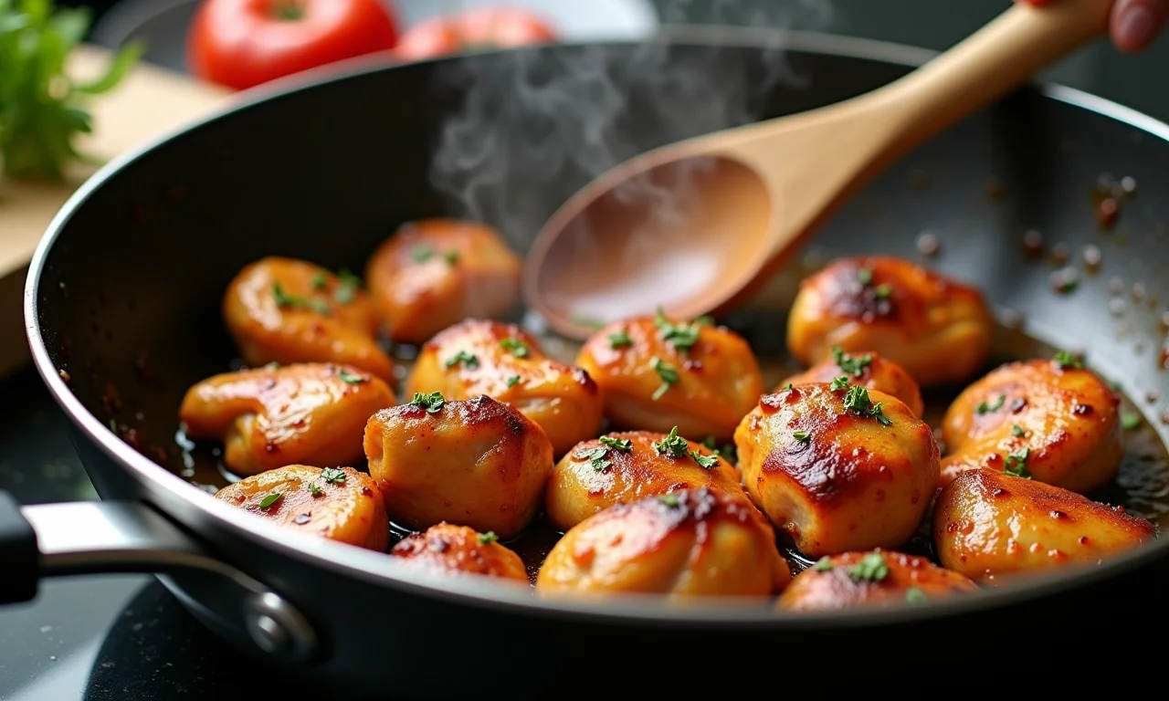 Frango sendo refogado em panela com especiarias aromáticas.