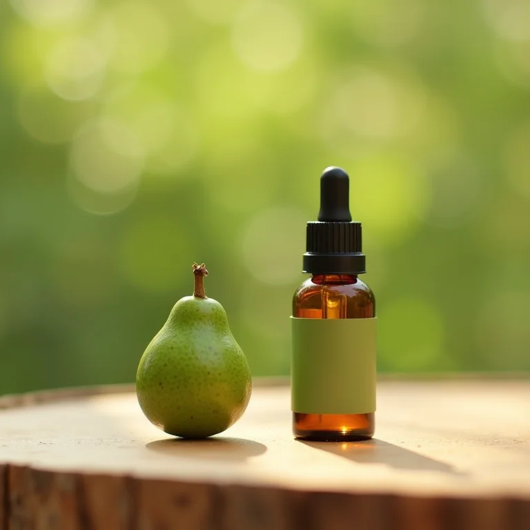 Frascos de óleos essenciais de goiaba e hortelã em uma mesa de madeira.