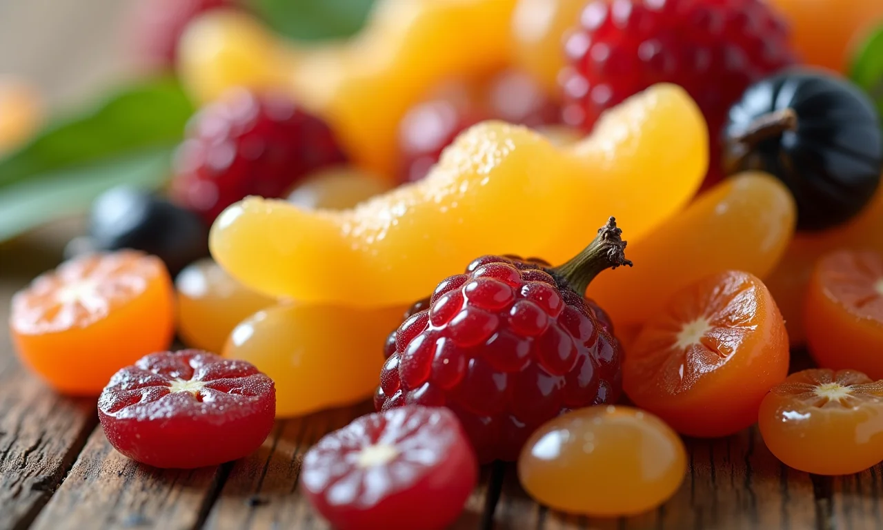 Frutas cristalizadas e uvas passas coloridas em uma mesa de madeira.