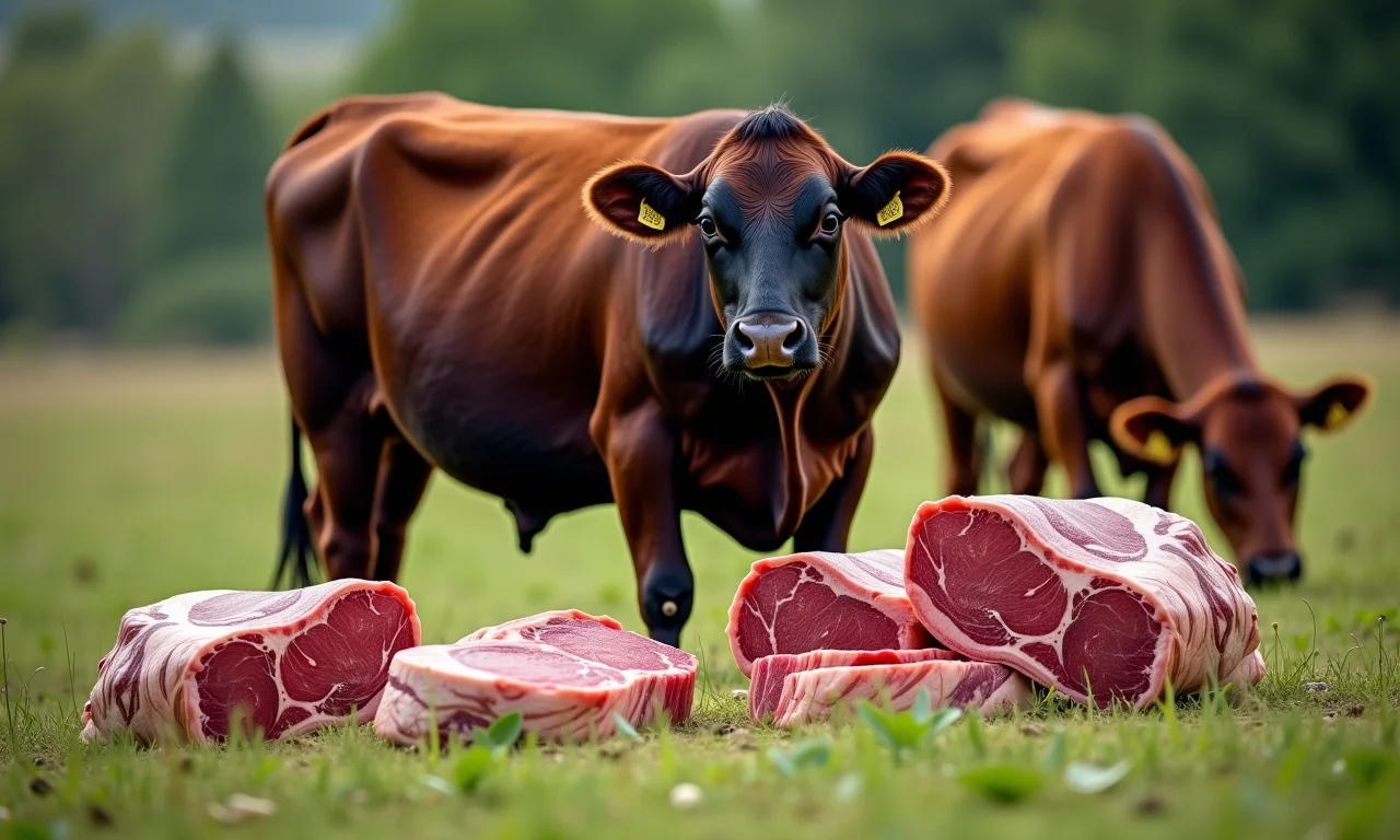 Gado Angus pastando com ênfase na qualidade da carne e marmoreio.
