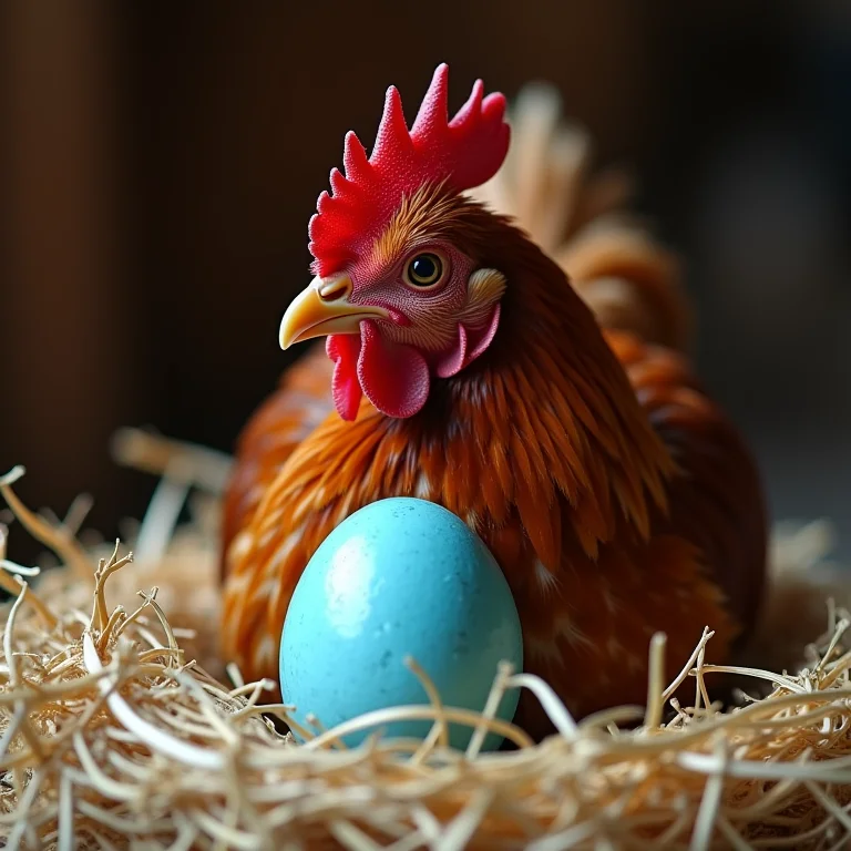 Galinha Araucana botando um ovo azul.