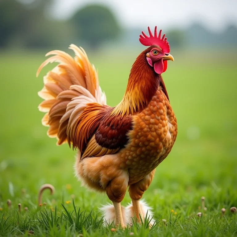 Galinha Brahma gigante e gentil em campo verde.