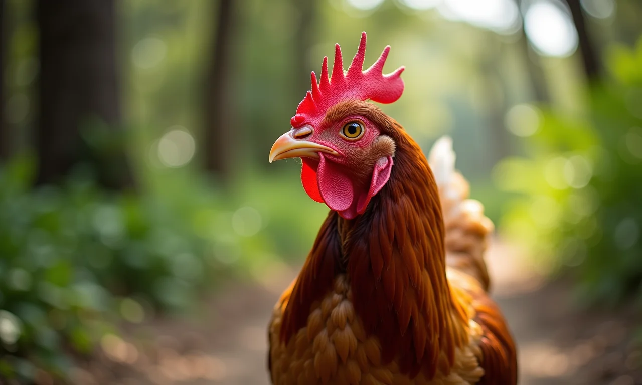 Galinha Caipira ciscando livremente em um ambiente rural brasileiro.