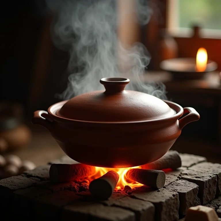 Galinha Caipira com Pequi cozinhando lentamente em panela de barro.