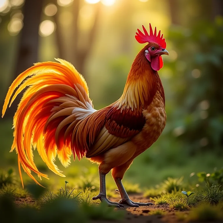 Galinha Fênix com cauda longa e elegante.