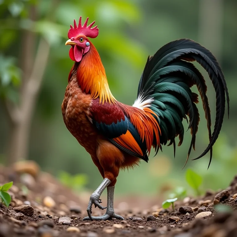 Galinha Fênix com cauda longa e elegante.