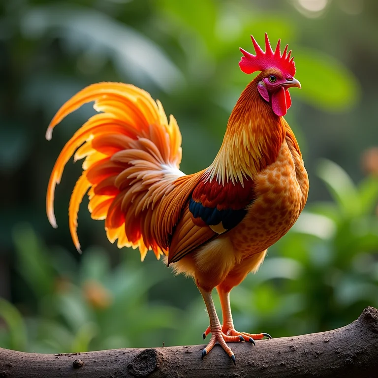 Galinha Fênix com cauda longa em jardim